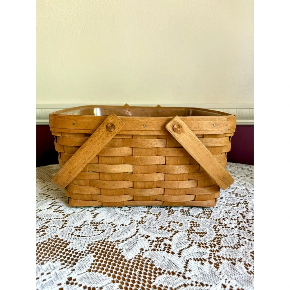 Longaberger 1992 Handwoven Square Cake Basket Dual Handle Liner USA Made 12x12x6